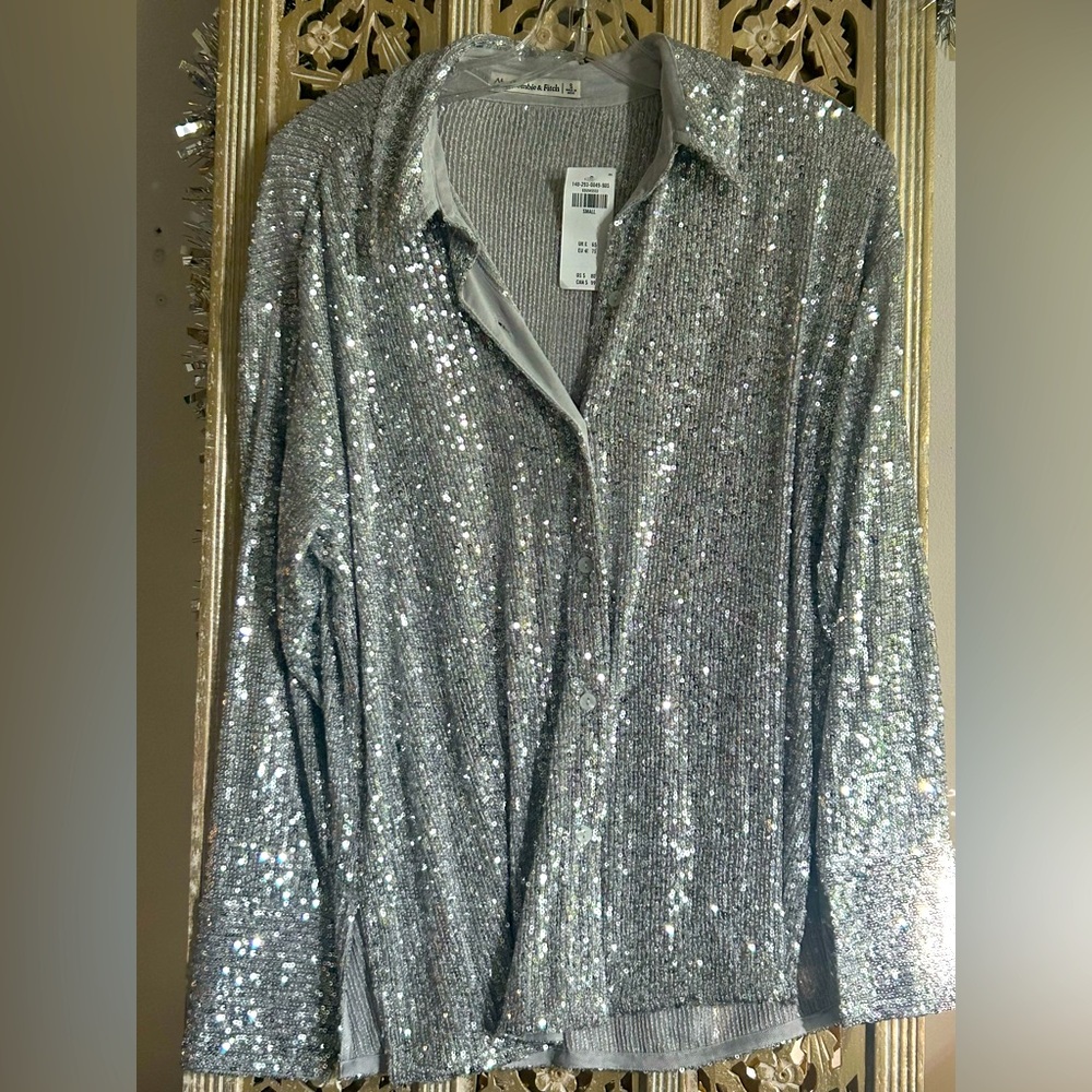 Abercrombie & Fitch Silver Sequin Long Sleeve Button up Shirt Blouse Top S party